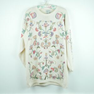 Vintage Medium Sweater Floral Embroidered Boho Cottagecore Granny Oversized 90s‎